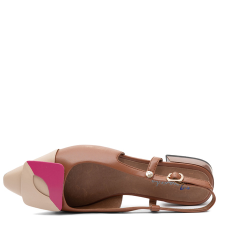 <h1>Maciejka Czółenka Skórzane Slingback Szpiczaste Niski Obcas Beżowo-Brązowe Z Różowym Akcentem K7427-02/00-1