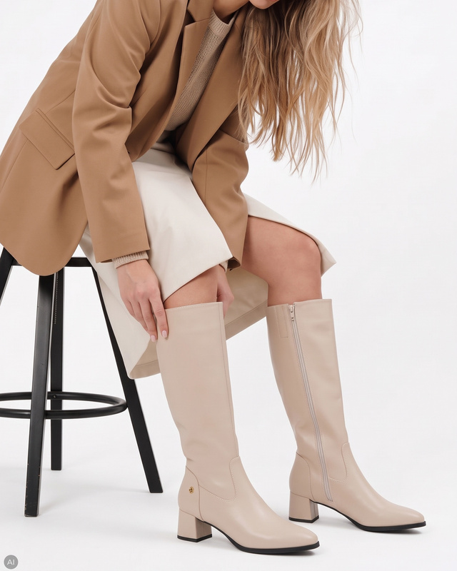 Maciejka Women's Leather Block Heel Knee High Boots Beige A7165-04/00-7