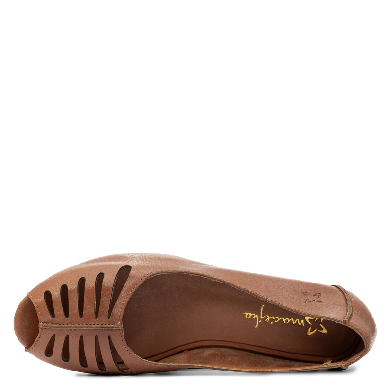 Maciejka Baleriny Skórzane Peep-Toe Ażurowe Brązowe P7541-29/00-1