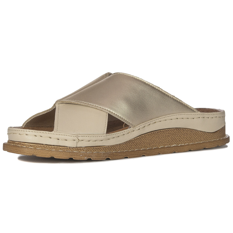 Maciejka Beige + Gold Women's Leather Slides