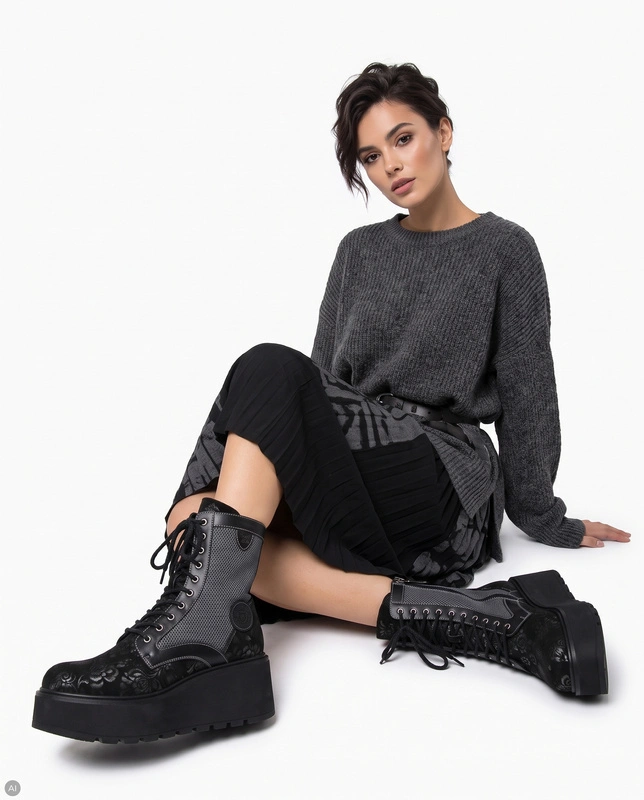 Maciejka Leather Insulated Lace-Up Platform Combat Boots Black 06720-01/00-8