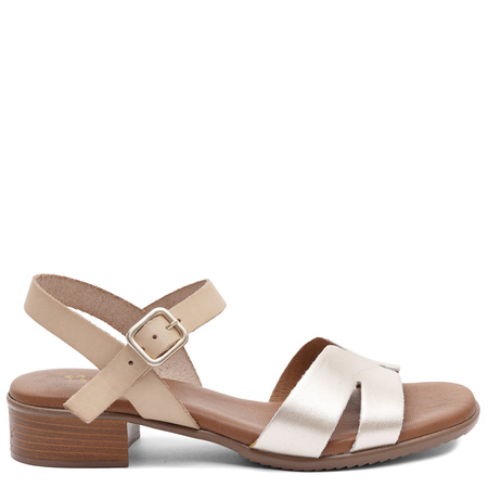 Maciejka Leather Sandals Elegant Low Block Gold Beige E7393-25/00-1