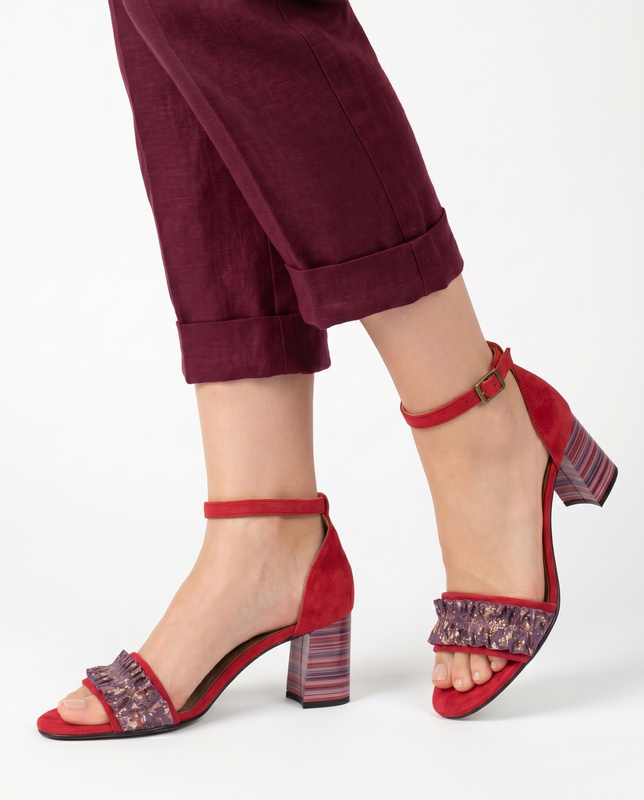 Maciejka Elegant Suede Block Heel Sandals Multicolored Striped Heel Red 04144-08/00-5