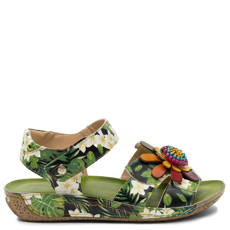 Maciejka Leather Sandals with Velcro Strap and Flower Applique Green-Multicolor K7418-09/00-1