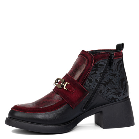 Maciejka Botki Damskie Skórzane Z Tłoczonym Panelem Czarno-Bordowe 07139-23/00-8