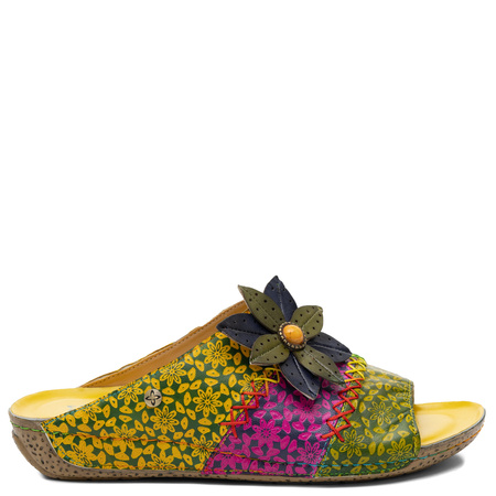 Maciejka Leather Slides Floral Appliqué Open Toe Yellow-Green-Pink K7408-07/00-1