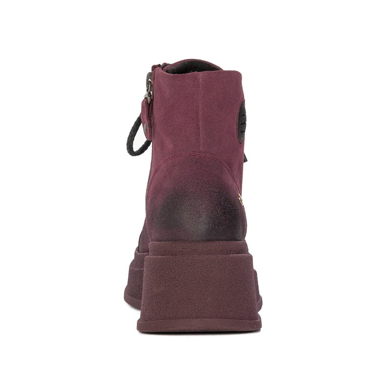 Maciejka Velour Leather Combat Boots on Platform Burgundy 06309-23/00-8