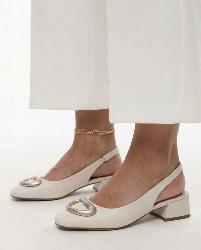 Maciejka Czółenka Slingback Skórzane na Klocku Beżowe K7474-04/00-1