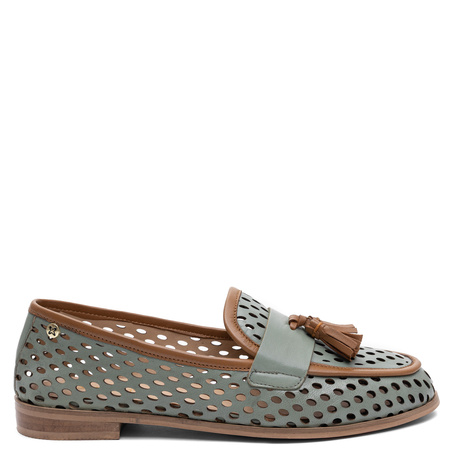Maciejka Leather Openwork Flats Olive With Tassels HJ760-24/00-1
