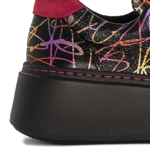Sneakersy Damskie skórzane na platformie czarne w tęczowe mazaje